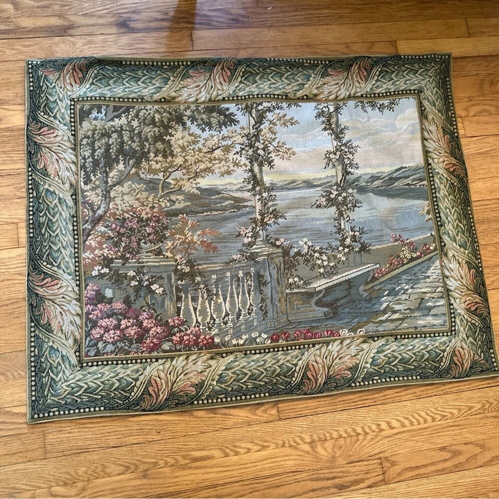 1990s Large Woven Vintage Wall Hanging Tapestry Garden Water Landscape
